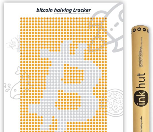 Ink Hut Bitcoin Halving Tracker Rubbelposter – einfach abziehbare Silberfolie, dickes, mattes laminiertes Papier – Geschenkbox-Röhre – ungerahmt – Krypto BTC Wandkunst Dekor für Home Office – 41,9 x