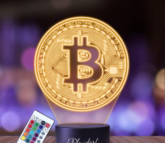 Plexido Nachtlicht Bitcoin Kryptowährung Digitale Illusion Lampe 3D Nachttischlampe Geschenk für Kinder Personalisiert Graveur Weltraum Kinderzimmer LED Licht Fernbedienung 16 Farbwechsel