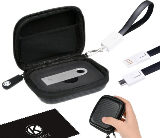 CAMKIX Schutzhülle für Ledger Nano S Bitcoin/Kryptowährung Wallet inkl. USB Schlaufe für Transport, Power und Datentransfer – Robustes Nylon Hartschalen Gehäuse mit Netztasche – Leicht, Sicher