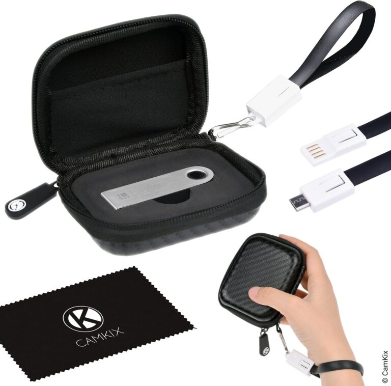 CAMKIX Schutzhülle für Ledger Nano S Bitcoin/Kryptowährung Wallet inkl. USB Schlaufe für Transport, Power und Datentransfer – Robustes Nylon Hartschalen Gehäuse mit Netztasche – Leicht, Sicher